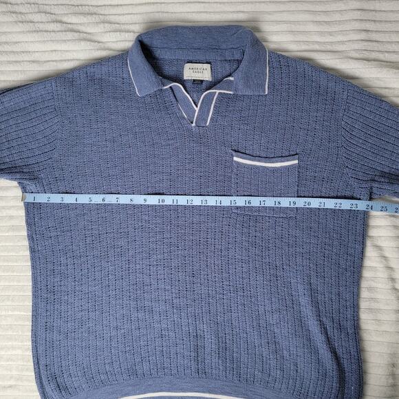 American Eagle Blue Knit Polo Shirt Men’s M Retro 90s Coastal Grandpa Aesthetic - Picture 4 of 9